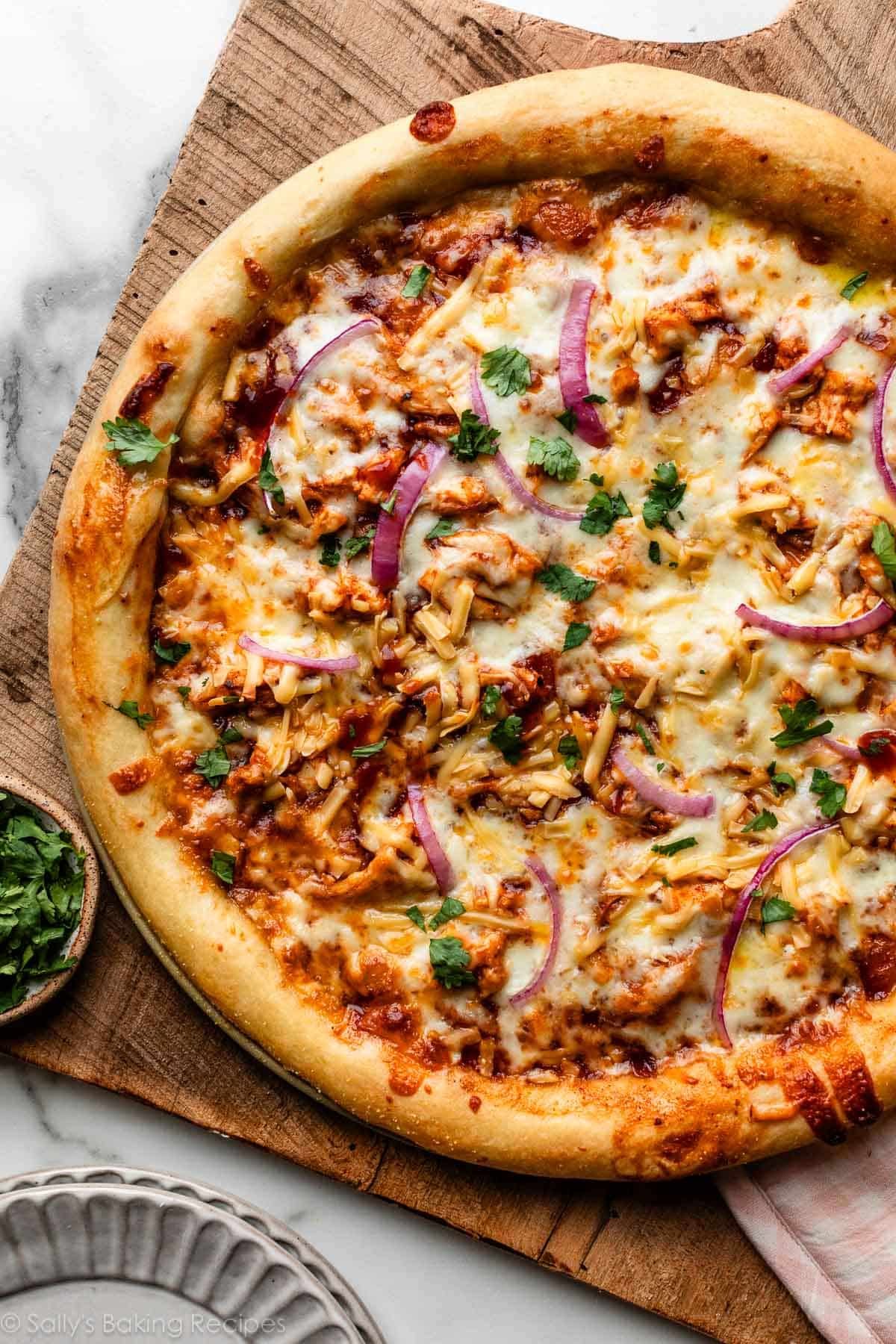 A delicious homemade BBQ chicken pizza