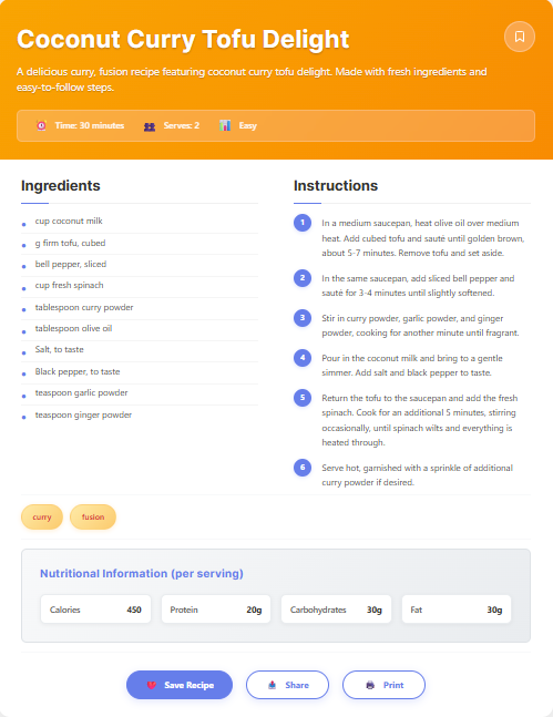 Screenshot of the AI generated recipe